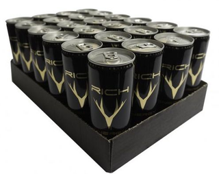A case of Rich Energy cans, as listed under the option to purchase a pack of 24 on its website.